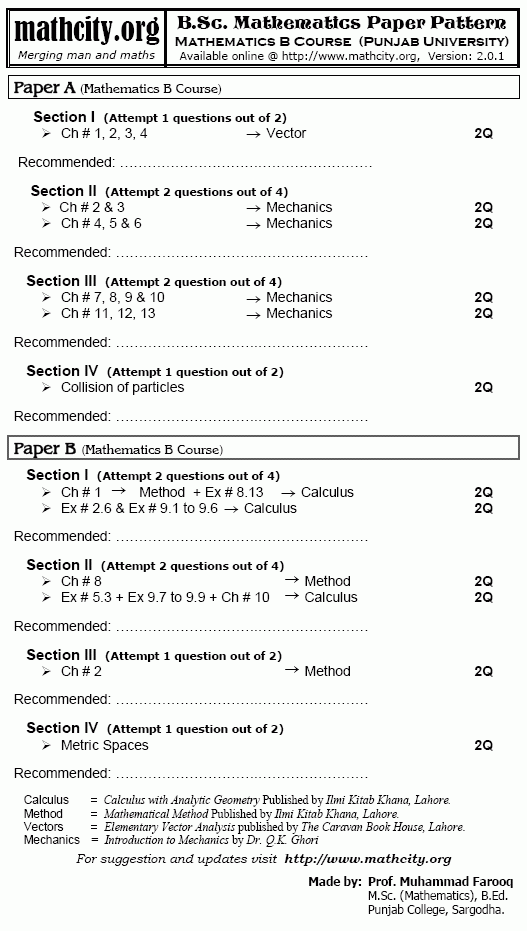 BSc Mathematics Paper Pattern Paper A