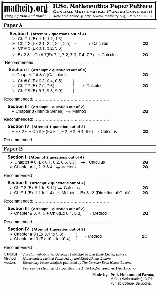 BSc Mathematics Paper Pattern